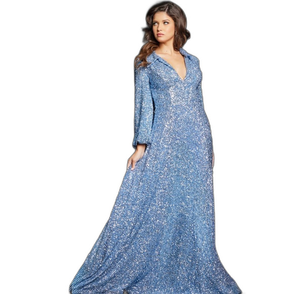 Jovani sparkling blue Embellished Long Sleeve sheath Dress 25950 ladies size 16 - Picture 4 of 16